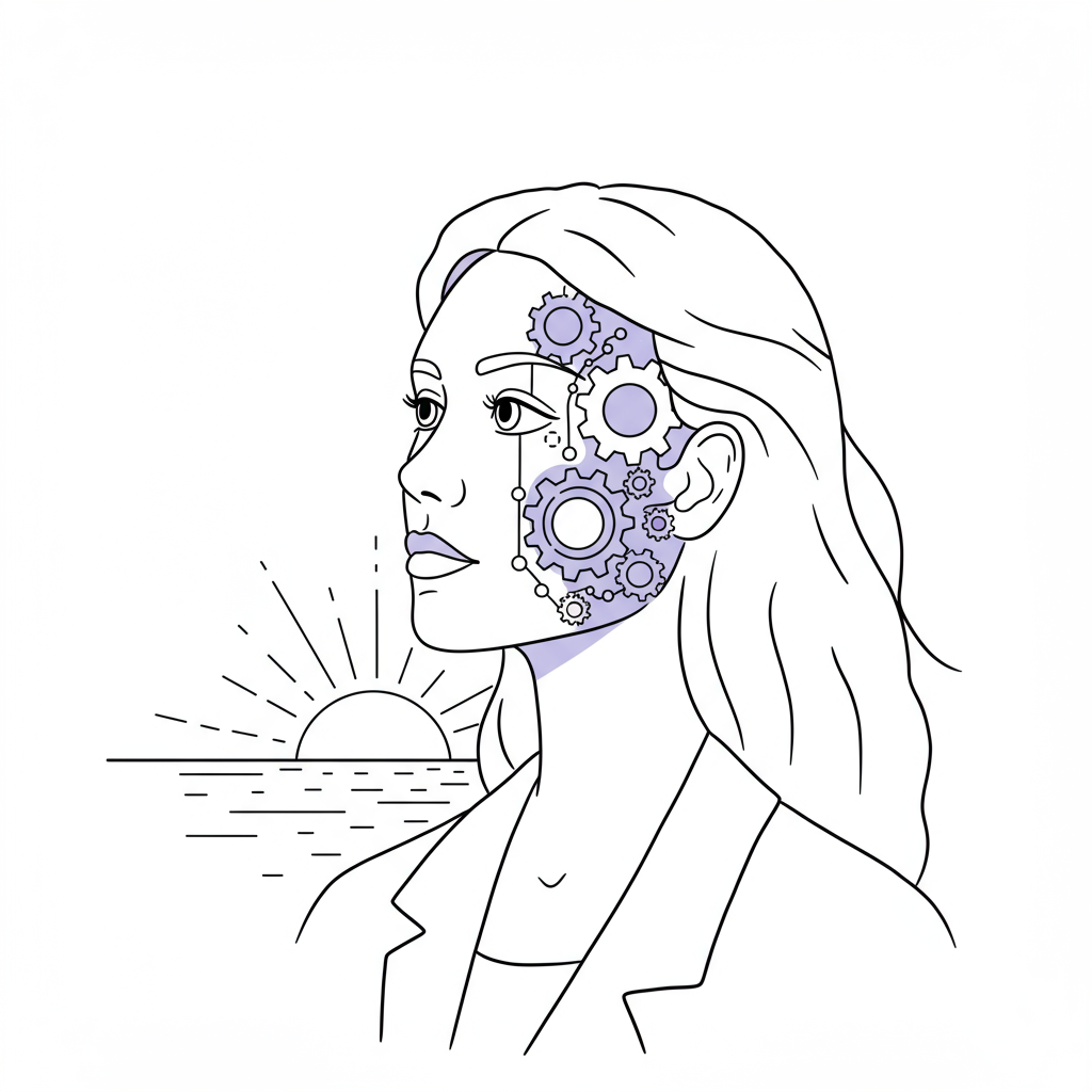 Modern line art: Empowered female entrepreneur gazes towards a sunrise; one side of face overlaid with gears, pastel purple highlight on central cog | Femmeprenista
