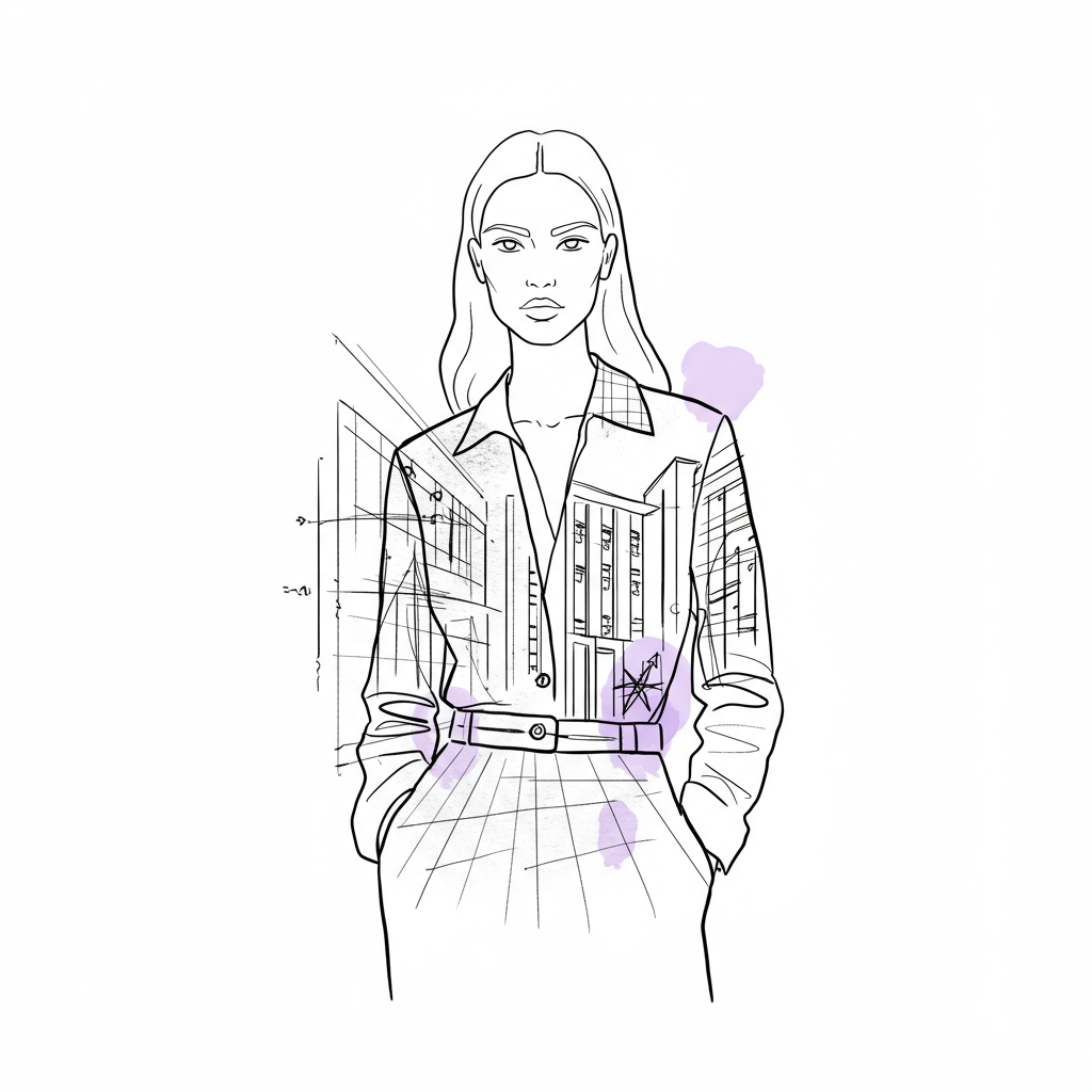 Chic line art: CEO figure overlaid with blueprint, pastel purple compass rose symbolizes strategic growth | Femmeprenista