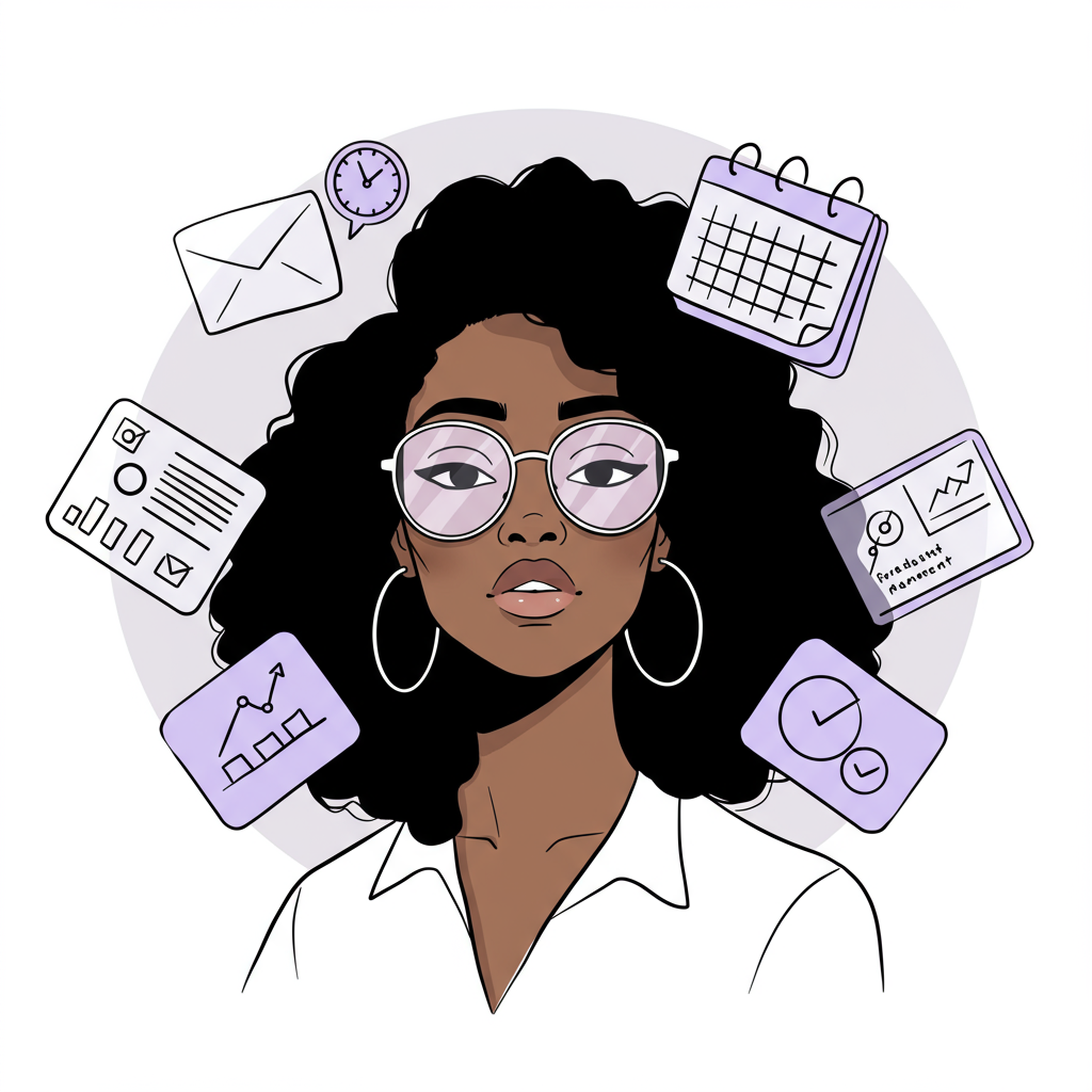 Chic black and white line art: Confident Black woman surrounded by tech icons, pastel purple glasses, representing tech mastery | Femmeprenista