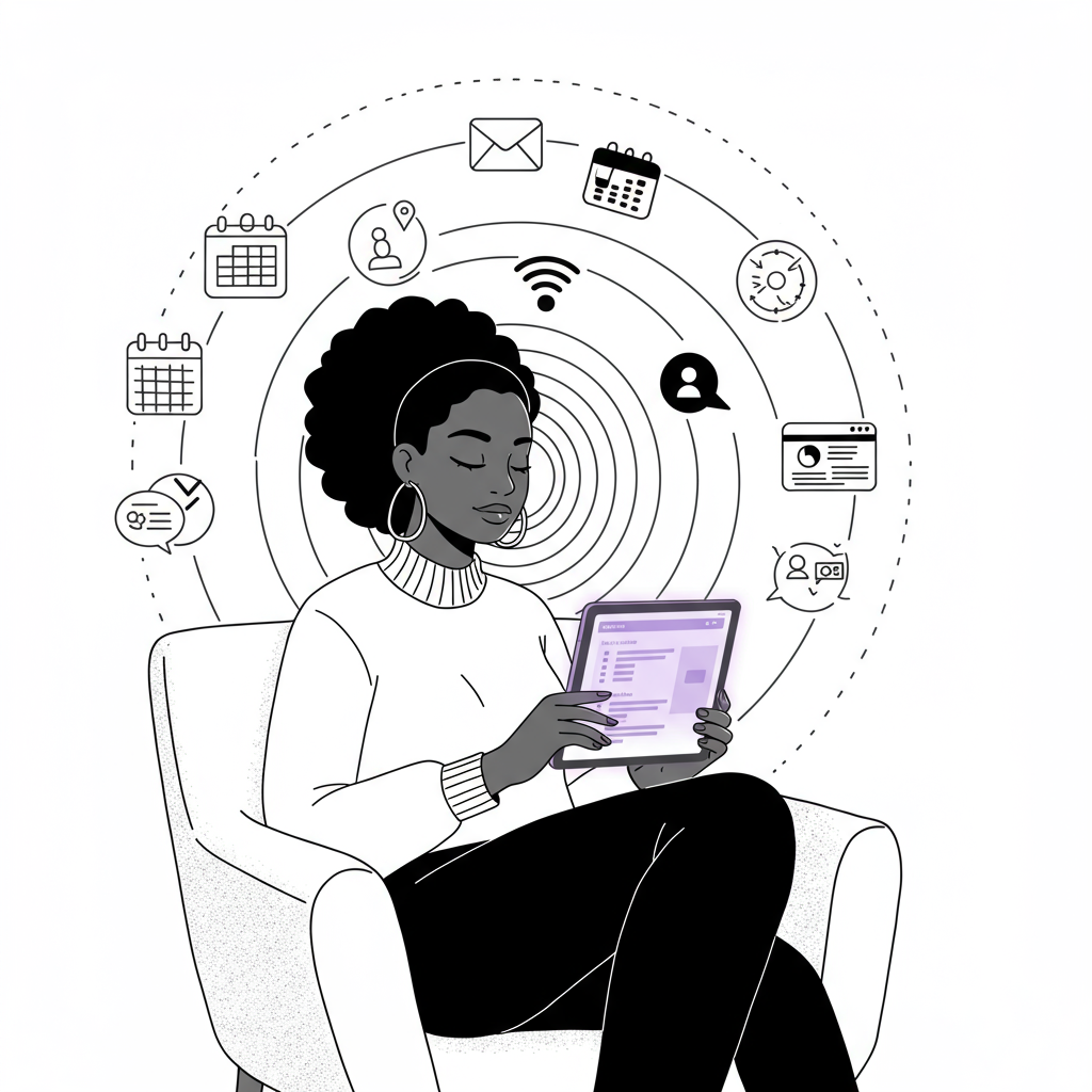 Modern line art: Black woman CEO radiating calm tech mastery; pastel purple highlights tablet screen | Femmeprenista