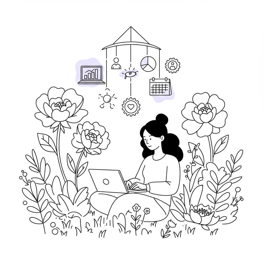 Line art: Black mother/entrepreneur working in a garden; flowers, pastel purple laptop screen symbolize freedom | Femmeprenista