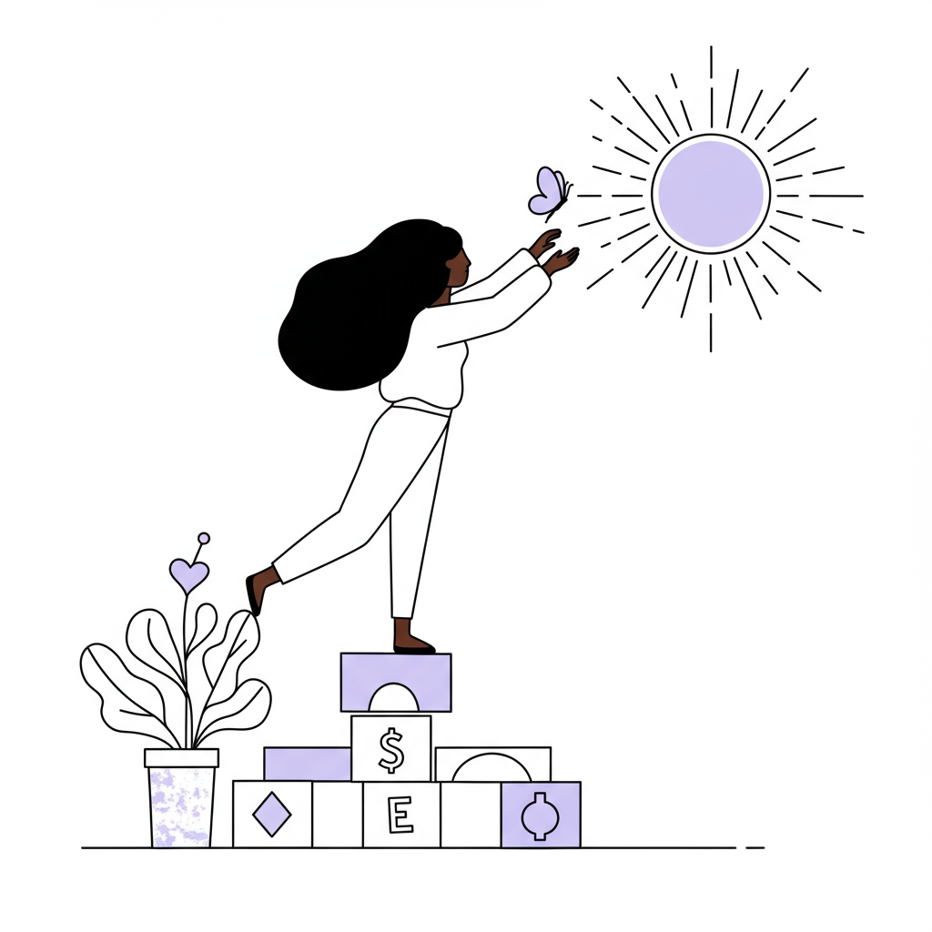Chic line art: Latina or Black mum entrepreneur overcomes childcare costs to achieve freedom; pastel purple butterfly detail | Femmeprenista
