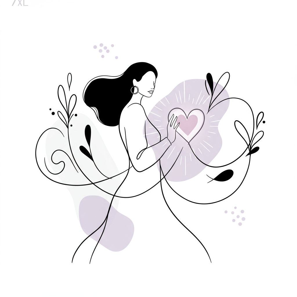 Elegant black and white line art: femmeprenista connected to radiant purple heart, symbolizing authentic connection | Femmeprenista