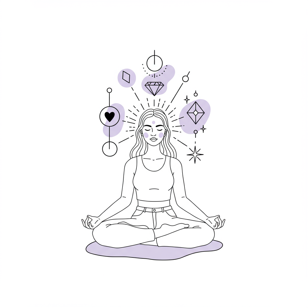 Modern line art: Femmeprenista in serene meditation; interconnected geometric shapes above, pastel purple heart highlight | Femmeprenista