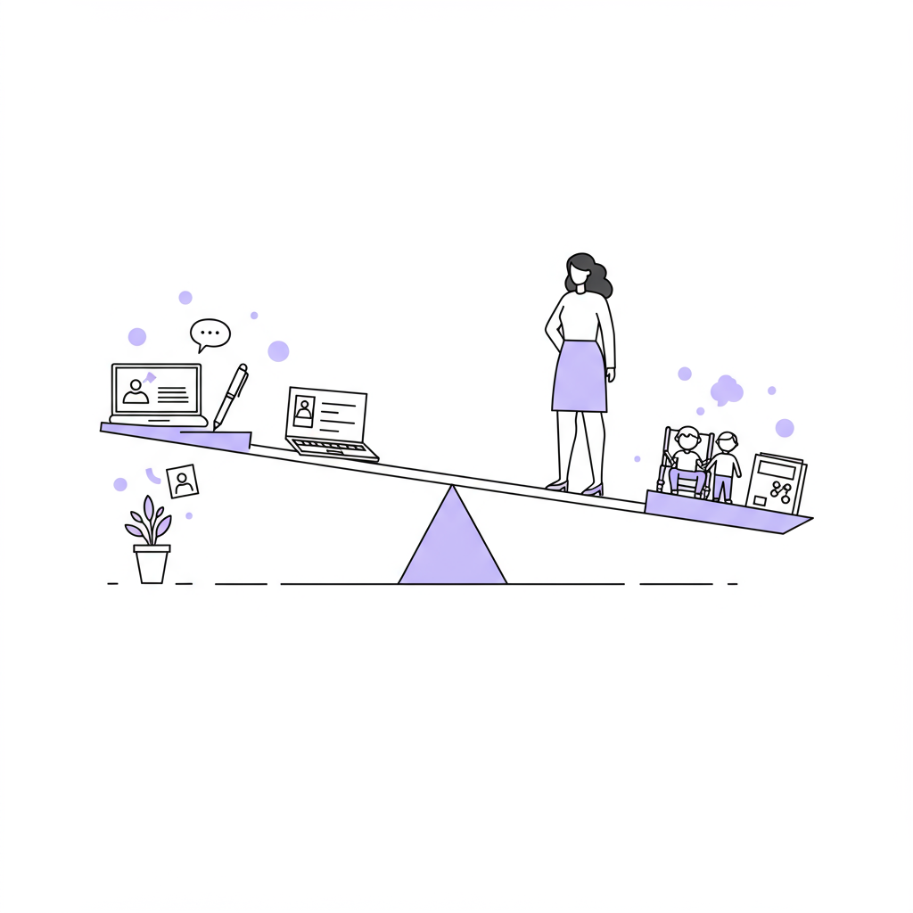 Chic black and white line art: mumpreneur balancing work and family icons on a seesaw, pastel purple accent at the fulcrum | Femmeprenista