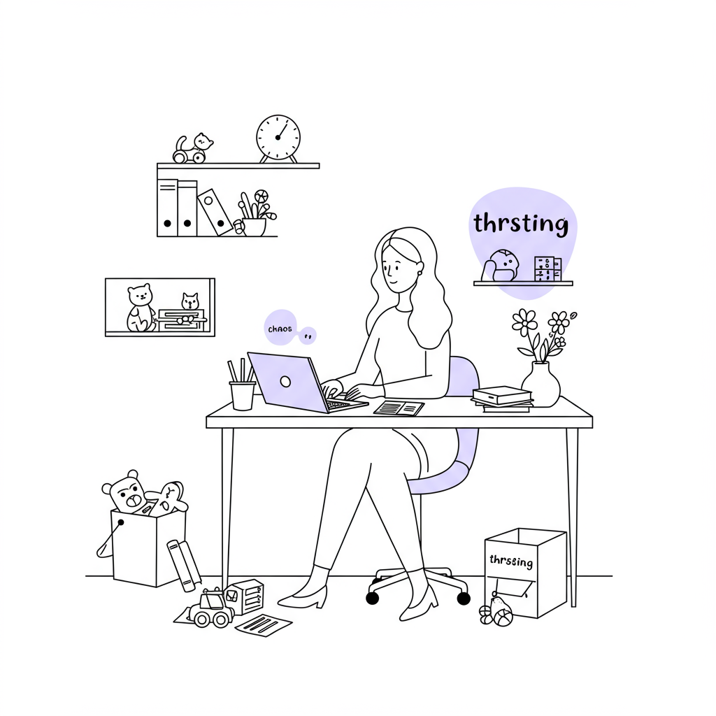 Chic line art: Calm mumpreneur working at desk amid organized chaos, pastel purple flower symbolizes thriving | Femmeprenista