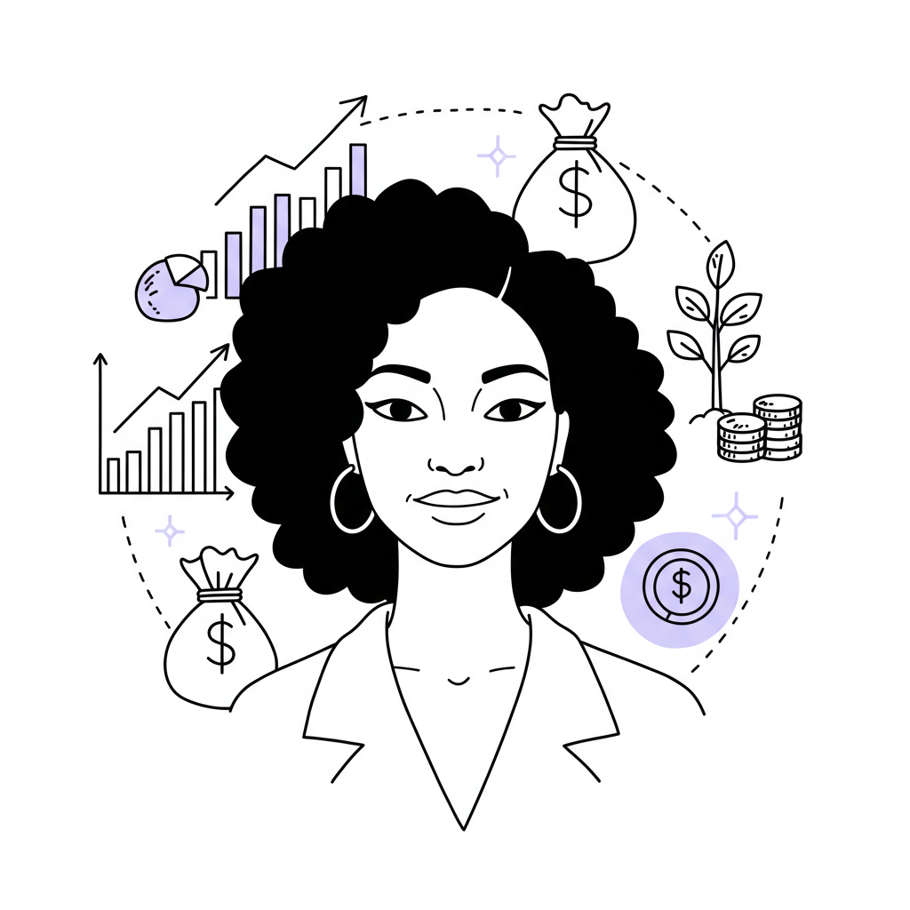 Line art: Confident Black woman surrounded by investment icons; pastel purple seedling accent. Strategic investing for entrepreneurial mothers | Femmeprenista