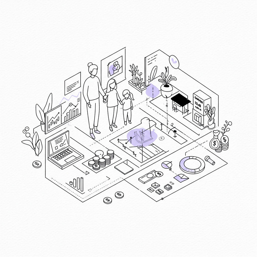 Chic line art: family collaboratively building generational wealth with strategic investing, purple heart accent on blueprint | Femmeprenista