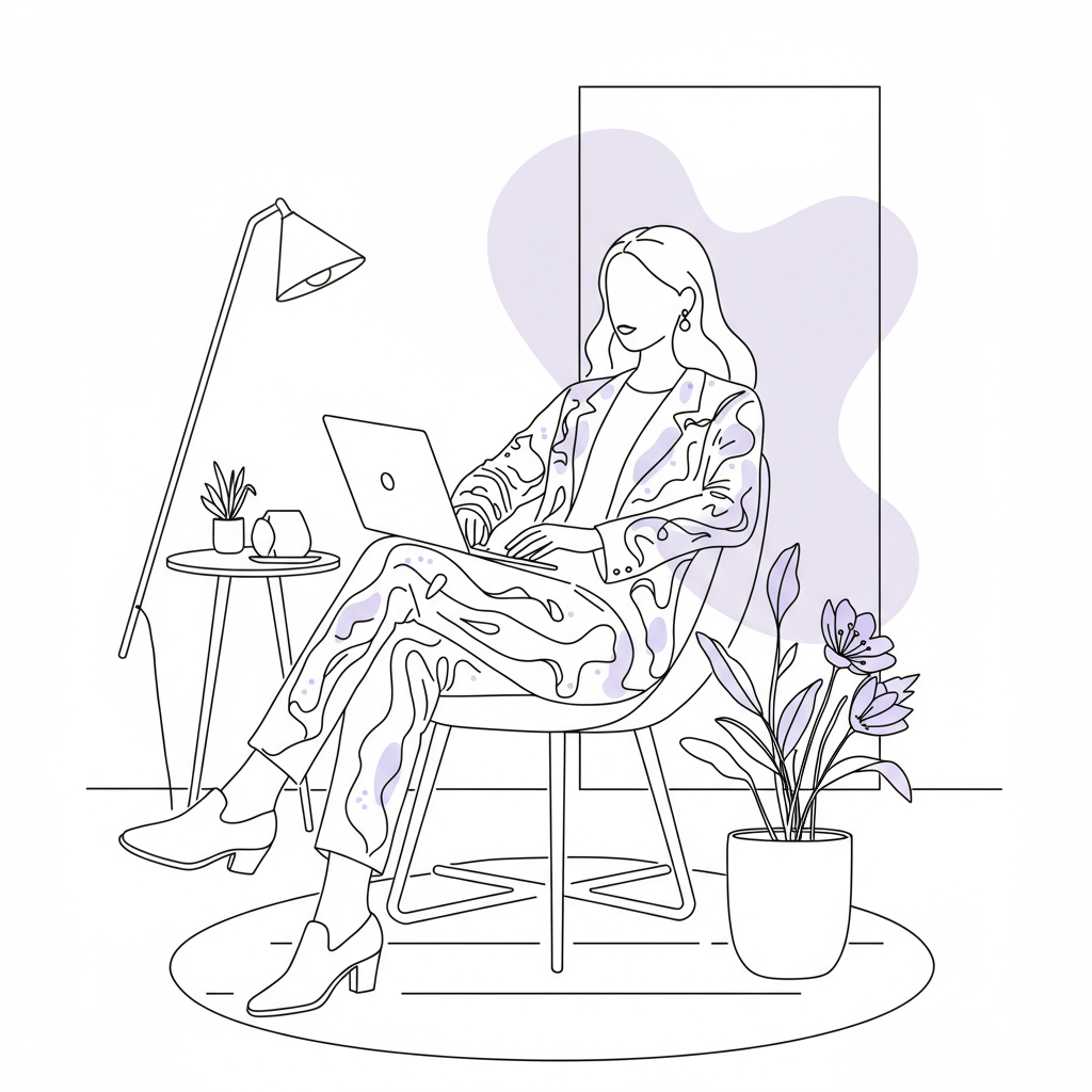 Modern line art: Chic female entrepreneur with flowing lines, symbolizing invisible selling; pastel purple flower accent | Femmeprenista