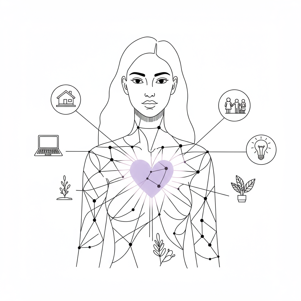 Line art: Female entrepreneur's form woven with light connecting to life/biz icons; purple heart symbolizes authentic connection | Femmeprenista