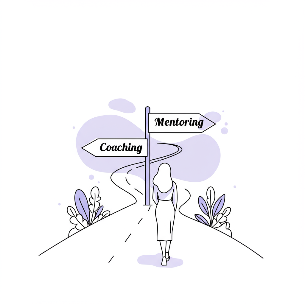Chic line art illustration: Woman at coaching vs mentoring crossroads, pastel purple accent on 'M' sign | Femmeprenista