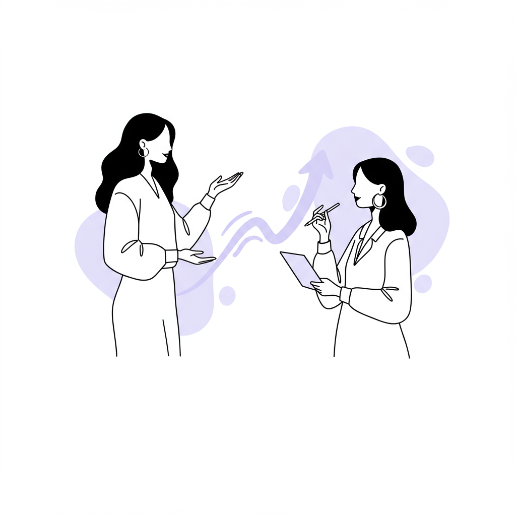 Chic line art: Two stylized female figures representing coaching & mentoring, arrow with purple accent symbolizes growth | Femmeprenista