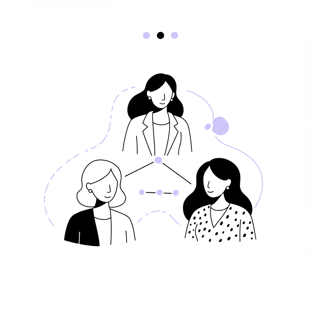 Chic black and white line art: CEO success ecosystem for women showing mentor, coach, and peer support with pastel purple connection | Femmeprenista