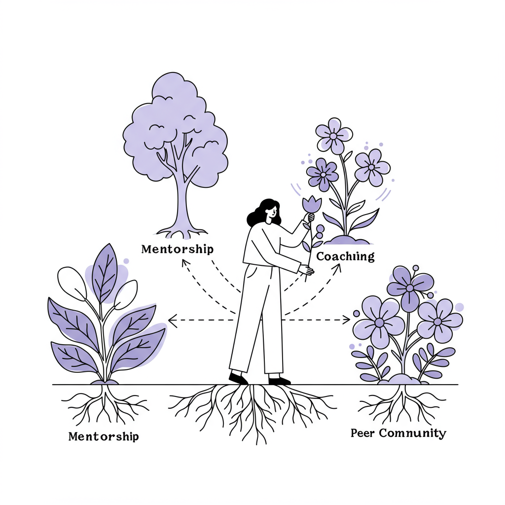 Chic line art: a female CEO tending her vibrant support network "garden" (mentorship, coaching, community) in black and white with pastel purple blooms | Femmeprenista