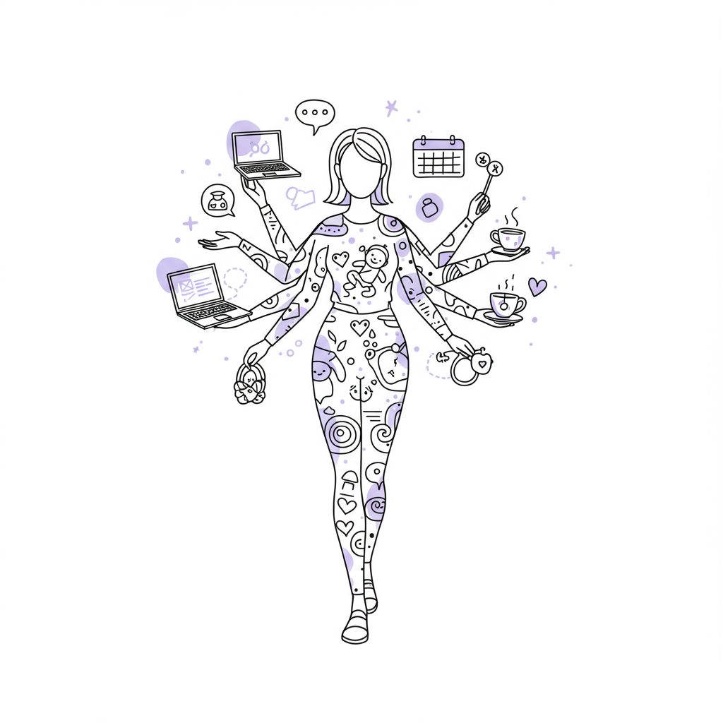 Modern line art illustration: a mumpreneur silhouette with layered icons showcasing her work-life balance, pastel purple accent detail | Femmeprenista