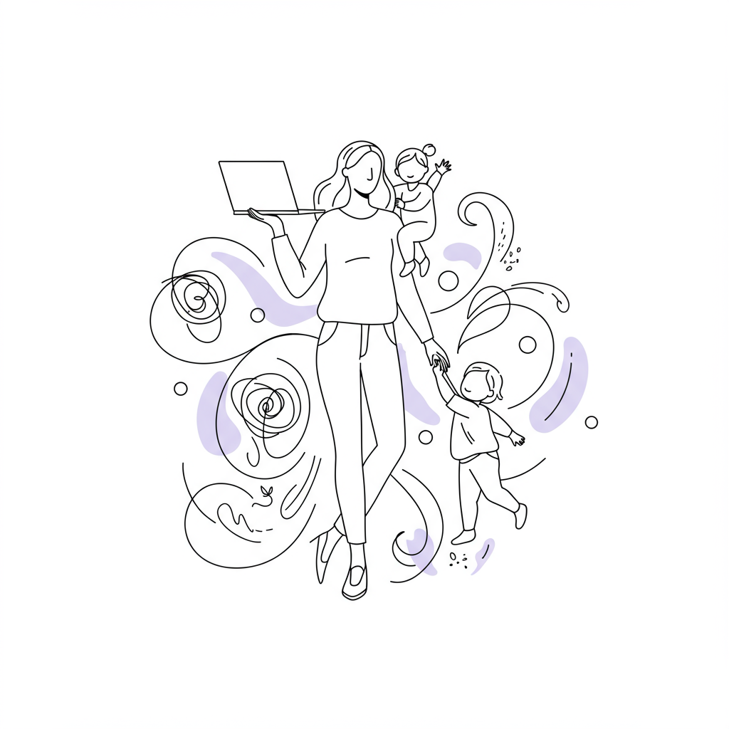 Chic line art: Mumpreneur balancing laptop and toddler amidst beautiful, chaotic business lines; purple toy detail | Femmeprenista