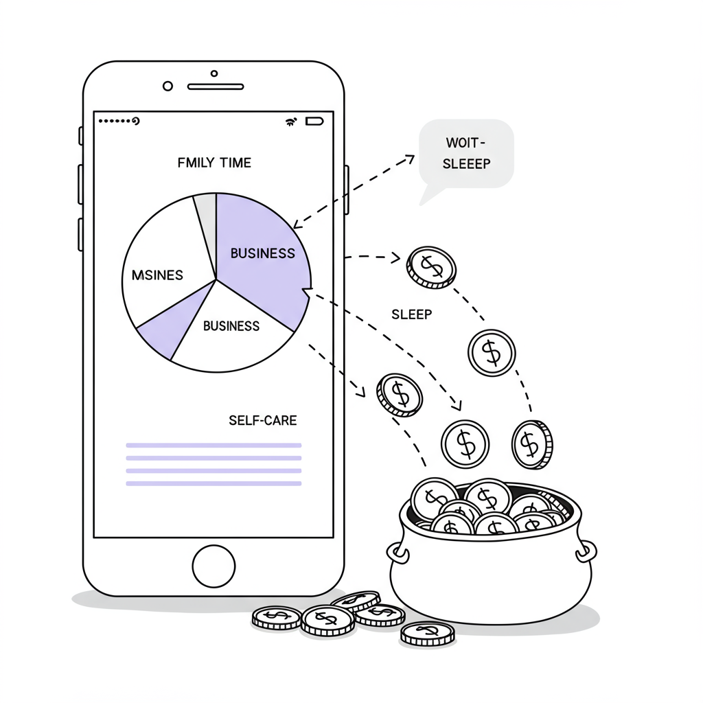 Chic line art of mobile pie chart: balanced mum life fueling cash flow; pastel purple coins | Femmeprenista