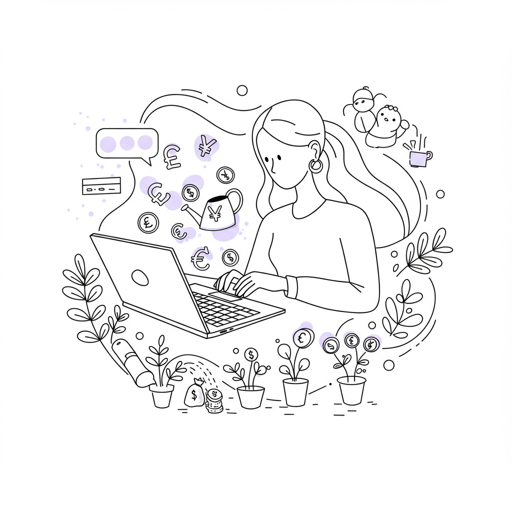 Line art: Mum balancing work and family; cash flows from laptop, watering plants, pastel purple accent on currency | Femmeprenista