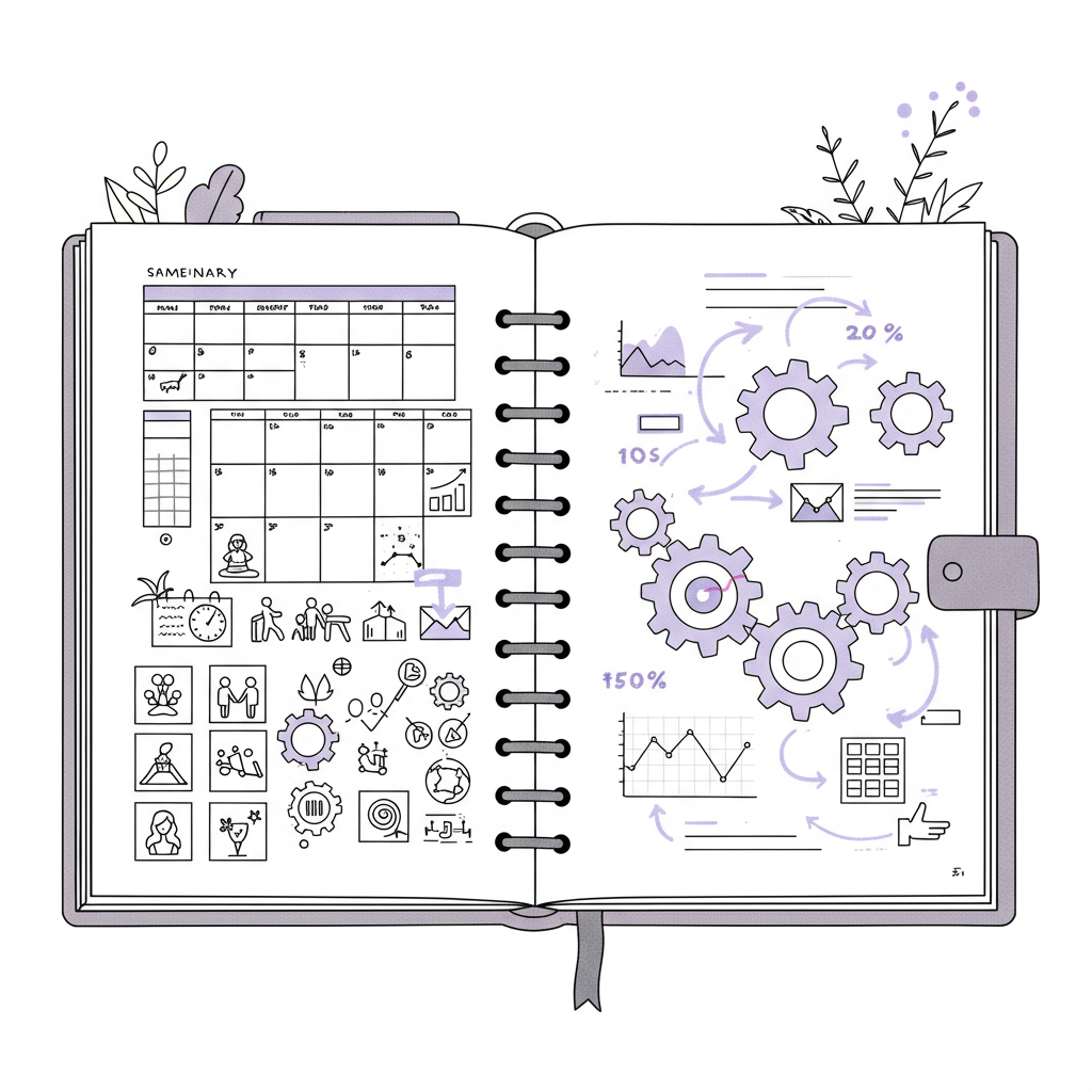 Black and white line art: planner showing balanced work-life integration, pastel purple highlight on connecting lines | Femmeprenista