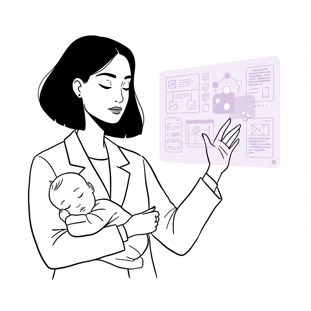 Line art: CEO mum multitasking, holding baby, managing design business via holographic projection; pastel purple accent | Femmeprenista