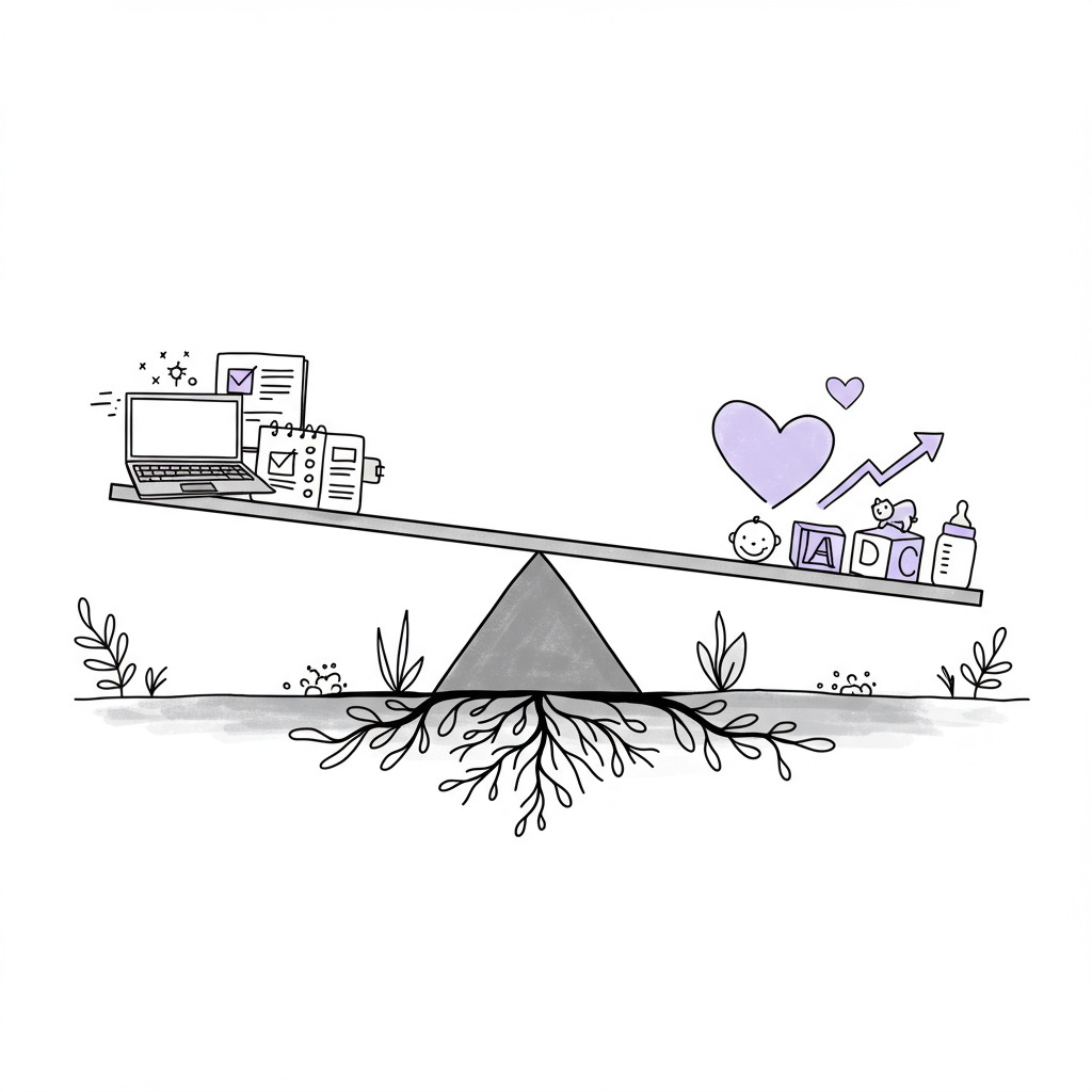 Modern line art: Balanced seesaw symbolizing mumpreneur work-life harmony; pastel purple heart, rooted in self-leadership | Femmeprenista