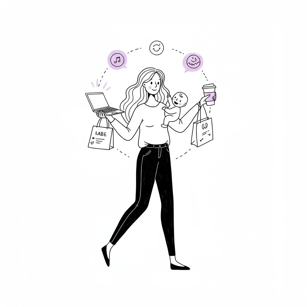 Chic black and white line art: Stylish mumpreneur juggling laptop, baby bottle, phone & coffee; pastel purple accent on cup | Femmeprenista