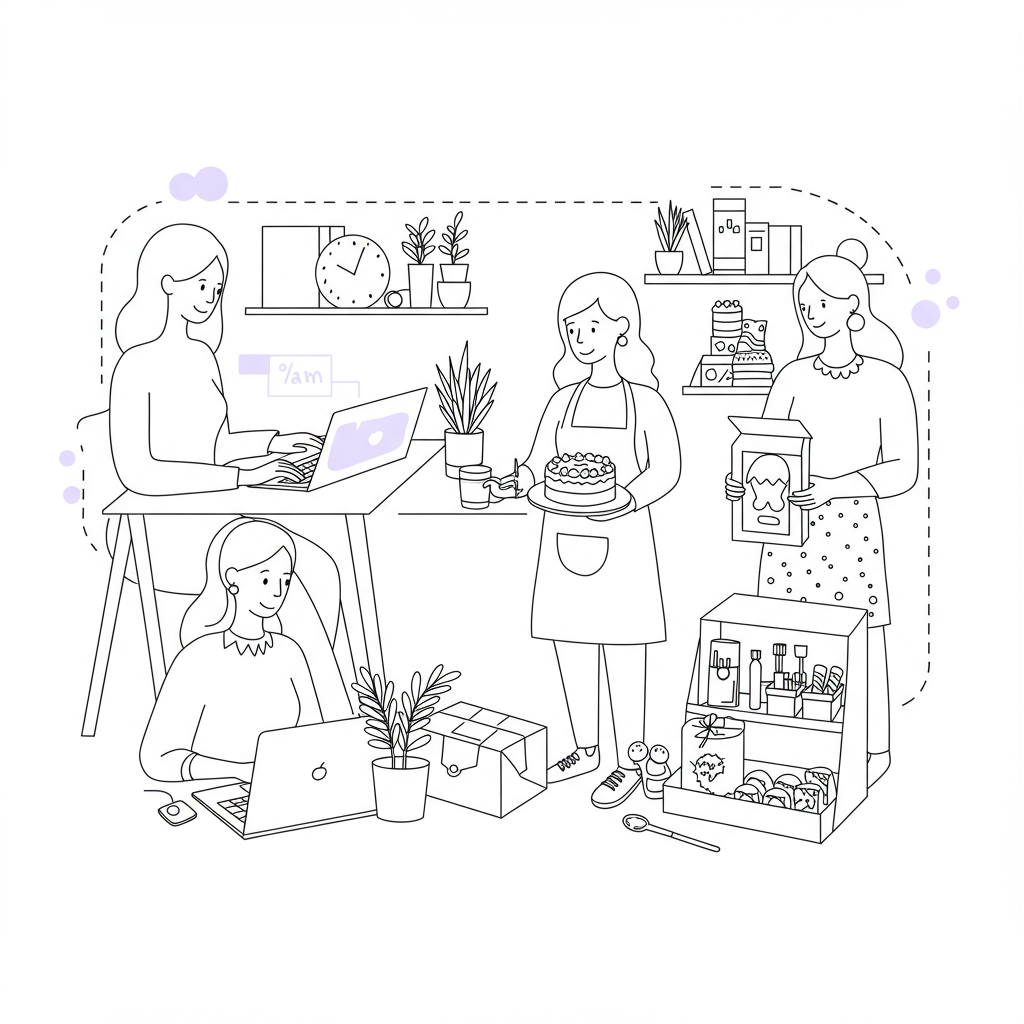 Line art of three UK mums flexibly working from home: VA, baker, and craft seller; pastel purple laptop accent | Femmeprenista