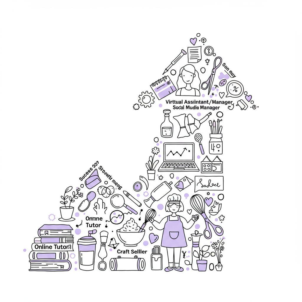 Chic line art arrow pointing up, composed of business icons, symbolizing growth; pastel purple arrow tip | Femmeprenista
