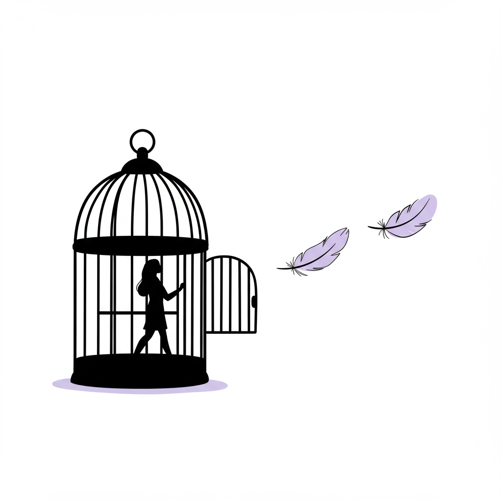 Chic line art: Woman exiting birdcage (office mum role), symbolizing freedom through entrepreneurship; pastel purple feather | Femmeprenista