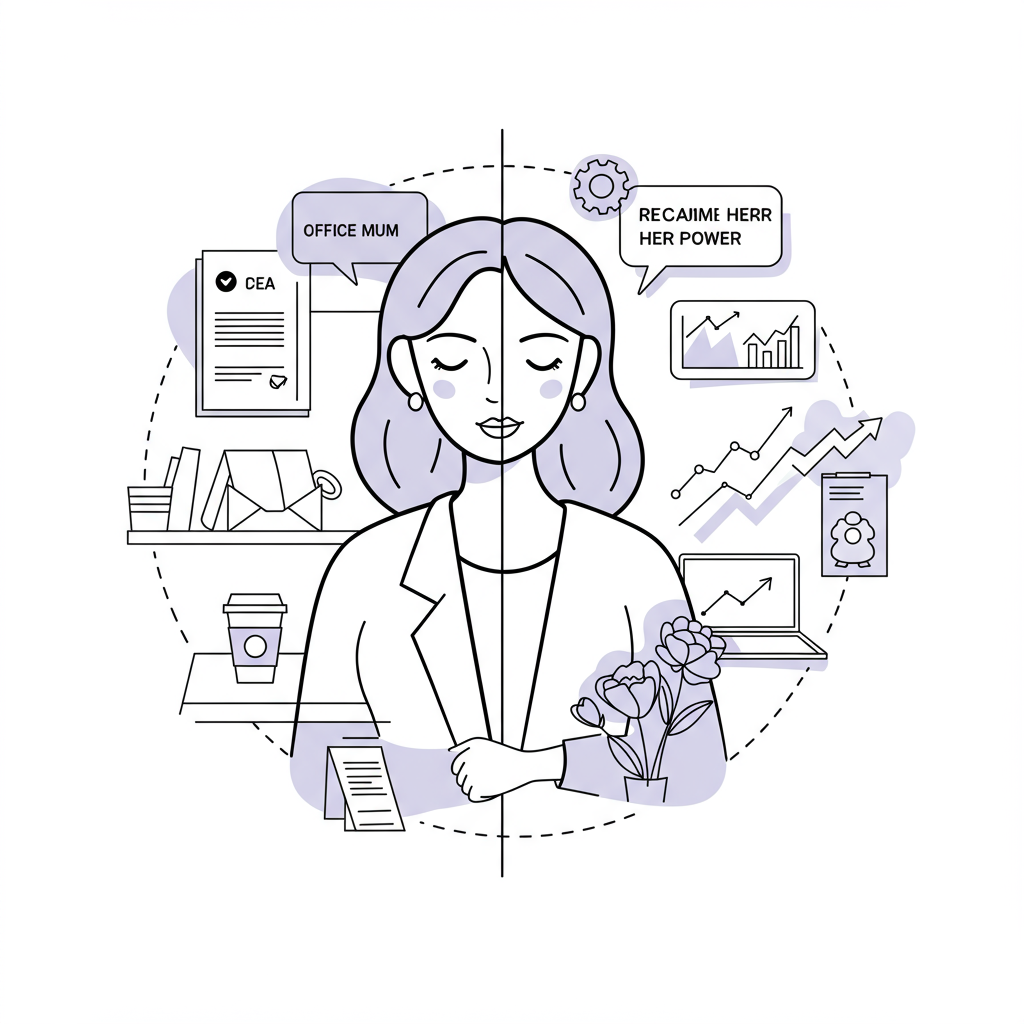 Modern line art: Mum transitioning to entrepreneur; reclaiming power. Black, white, pastel purple flower. | Femmeprenista