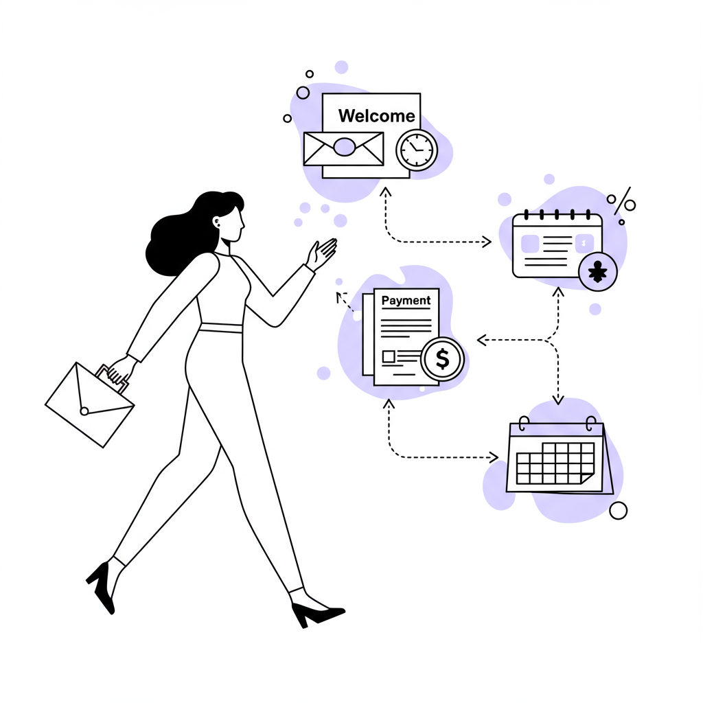 Chic line art: Empowered female entrepreneur guides automated client onboarding; pastel purple calendar icon highlights streamlined scheduling | Femmeprenista