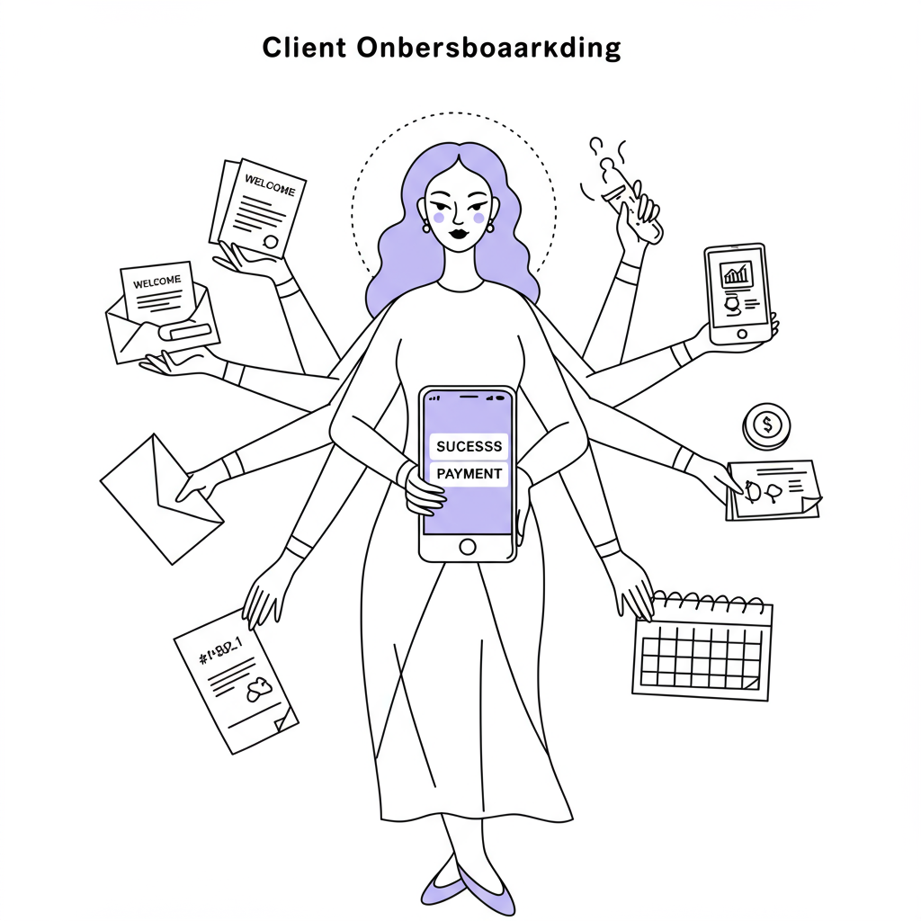 Line art: Multi-armed woman entrepreneur calmly automates client onboarding, pastel purple on phone screen | Femmeprenista