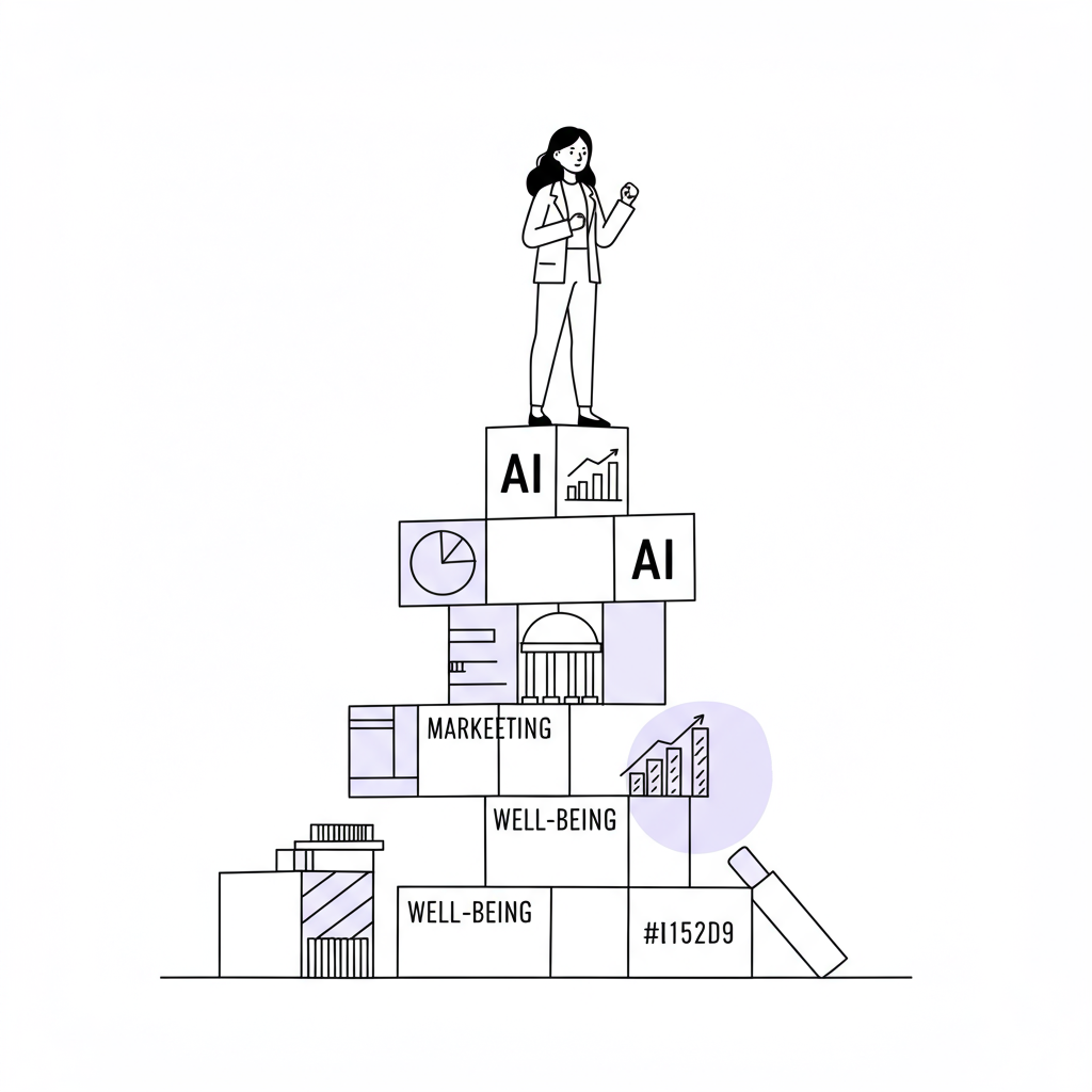 Chic line art: Asian female entrepreneur in power pose atop blocks representing imperfect action; wellbeing block in pastel purple | Femmeprenista
