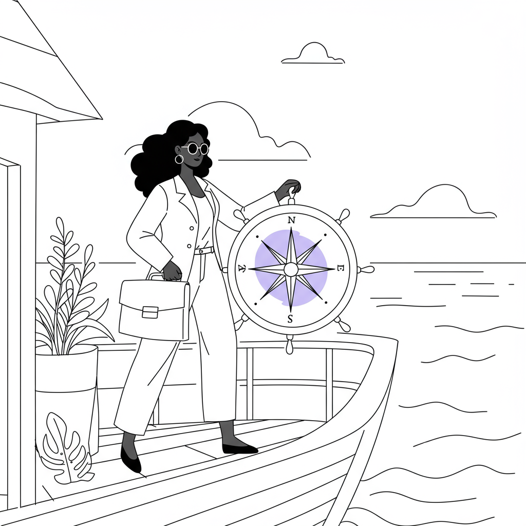 Modern chic line art: Female entrepreneur navigates her ship with inner guidance; black, white, purple compass | Femmeprenista