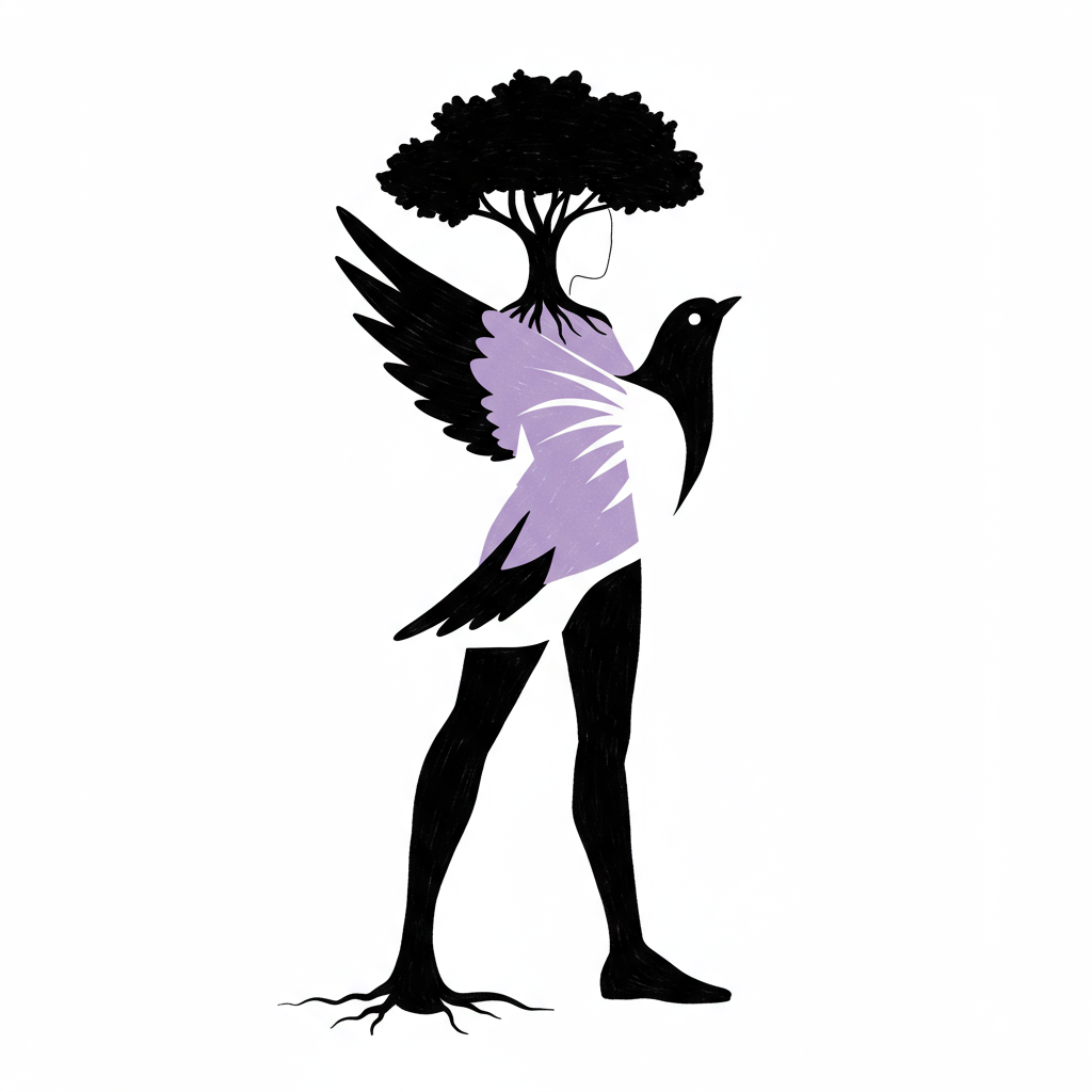 Line art: tree and soaring bird silhouettes merged, symbolizing female entrepreneur duality, pastel purple eye | Femmeprenista