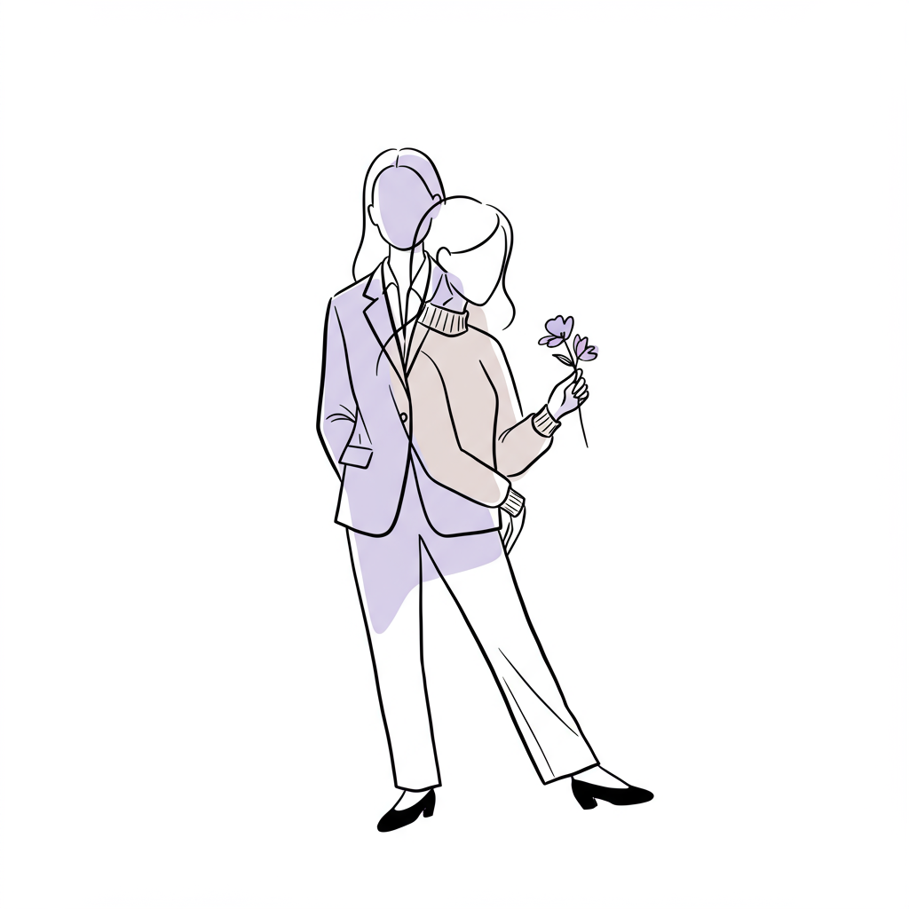 Black and white line art illustrating the female entrepreneur duality superpower: CEO and caregiver silhouettes, pastel purple flower accent | Femmeprenista
