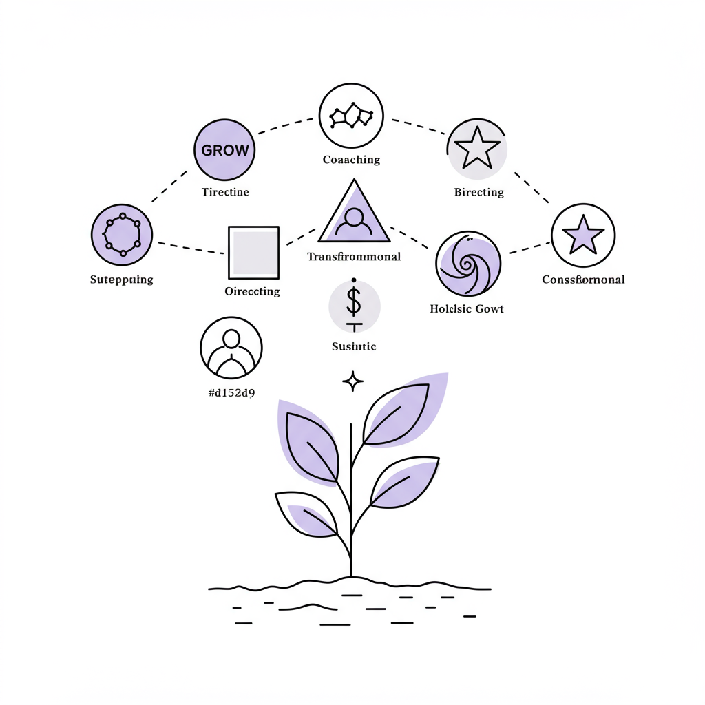 Modern line art: Coaching models as shapes above a flourishing plant; black, white, and pastel purple accent on leaves | Femmeprenista