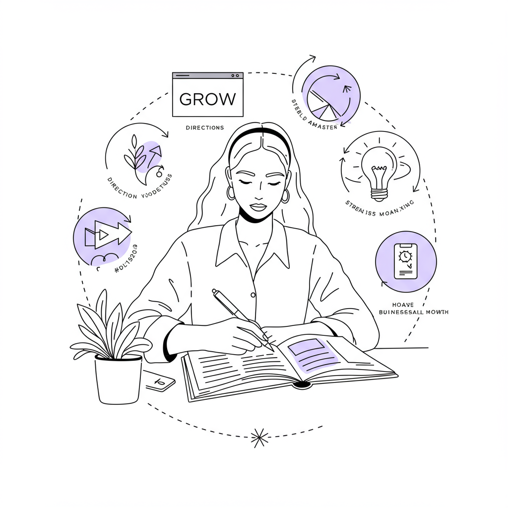 Line art: Entrepreneur surrounded by coaching model symbols, pastel purple notebook accent, chic and modern growth illustration | Femmeprenista
