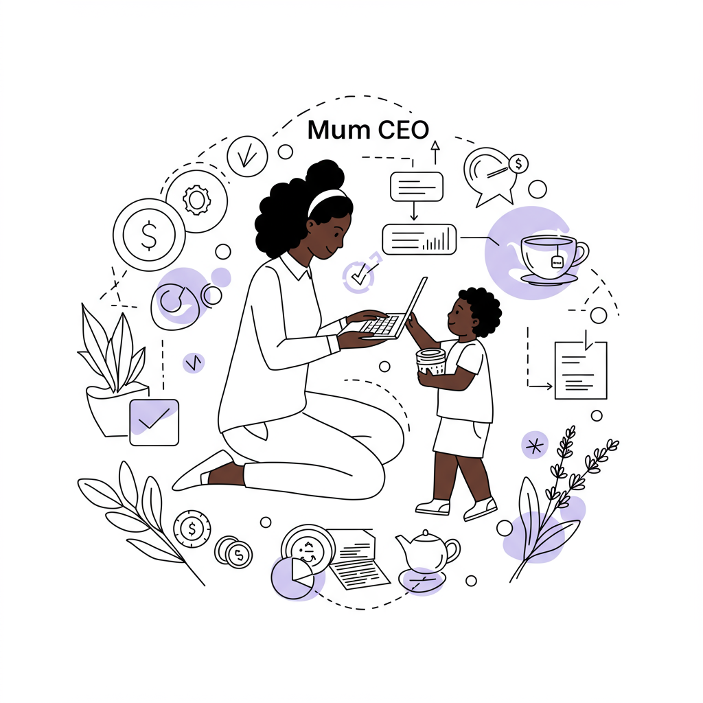 Modern line art: Mum CEO balancing work and family joyfully, tea cup in pastel purple, symbolizing self-care | Femmeprenista