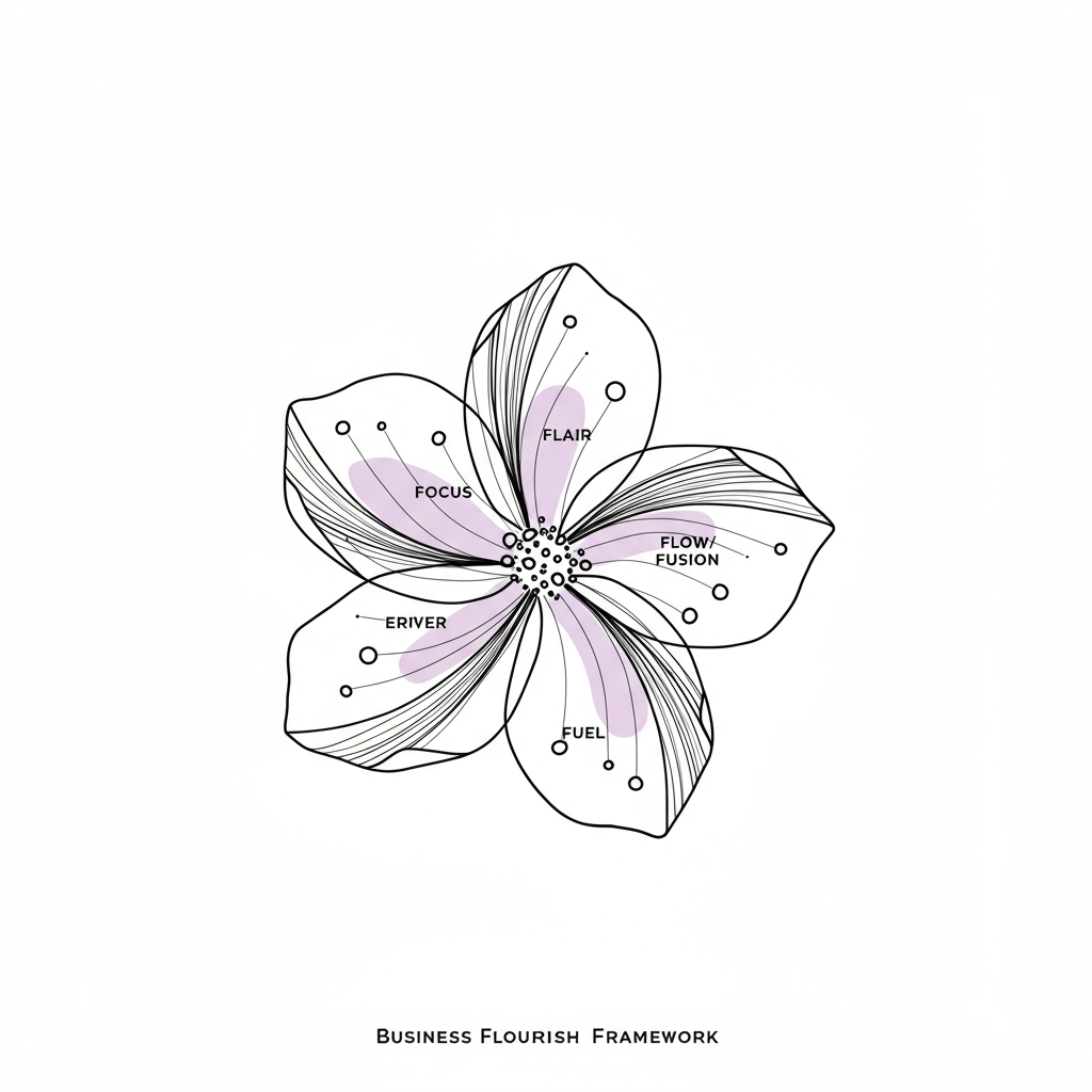 Modern line art: Business Flourish Framework visualized as a stylized flower with pastel purple core, representing focus | Femmeprenista