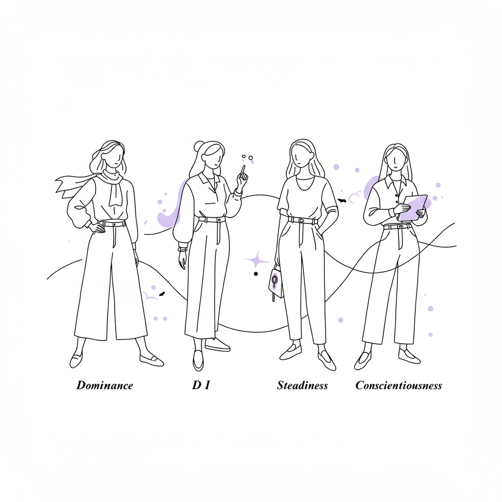Line art illustration: Four stylized women connected, representing DISC personality types; pastel purple accents symbolize collaboration | Femmeprenista