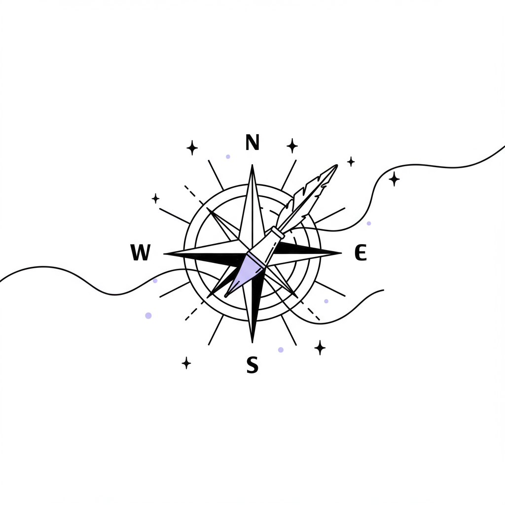 Chic black and white line art compass showing DISC personality types; pastel purple center symbolizes entrepreneurial direction | Femmeprenista