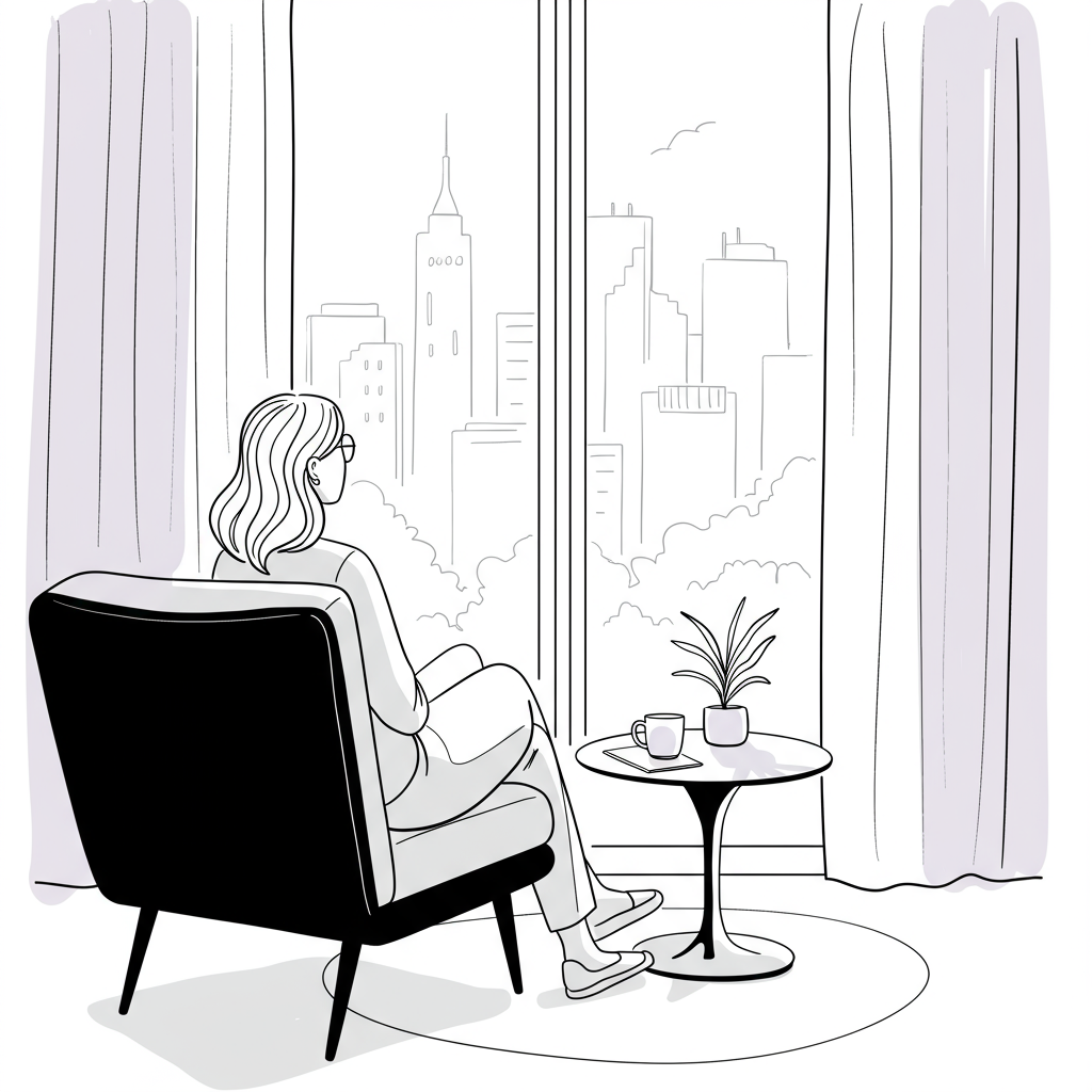 Chic line art: Woman gazes at city from modern chair, embodying abundance, pastel purple detail on glasses | Femmeprenista
