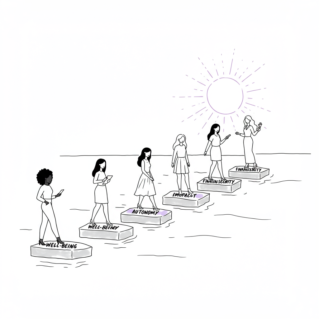 Line art: Diverse women on value stepping stones toward a radiant sun, pastel purple "Autonomy," design a rich life concept | Femmeprenista