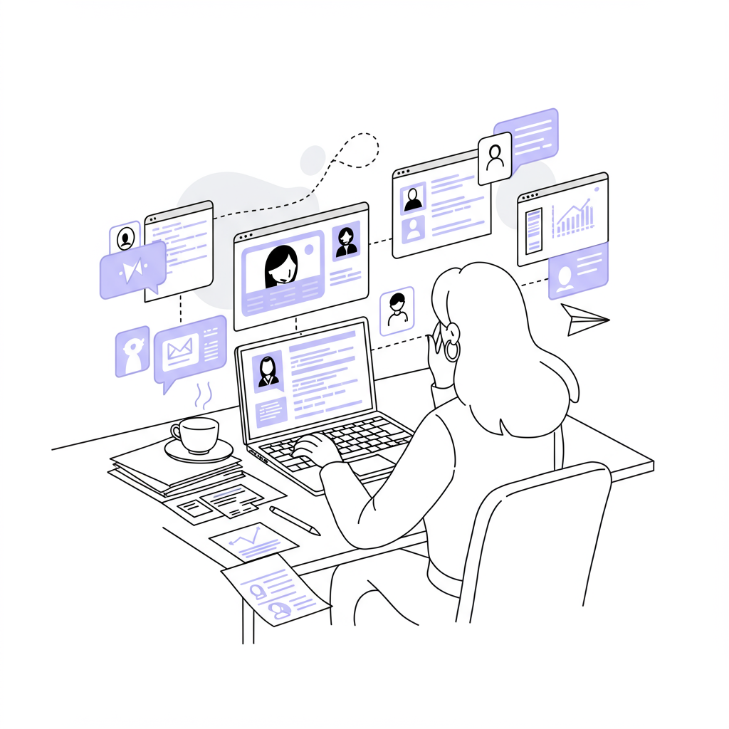 Line art: Femmeprenista delegating tasks with ease, laptop highlighted in pastel purple, reclaiming CEO time through strategic delegation | Femmeprenista