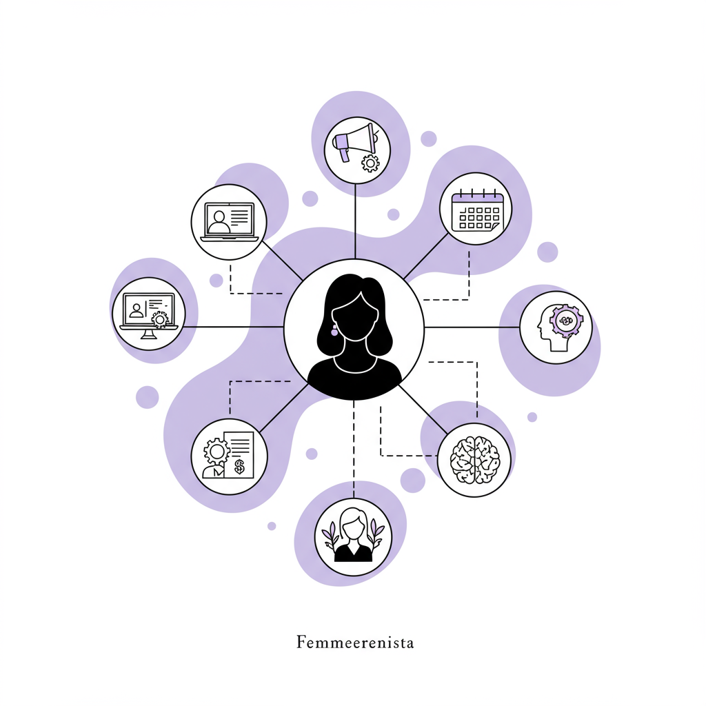 Chic line art of a Femmeprenista figure at the center of a strategic business ecosystem, pastel purple accent, illustrating delegation | Femmeprenista