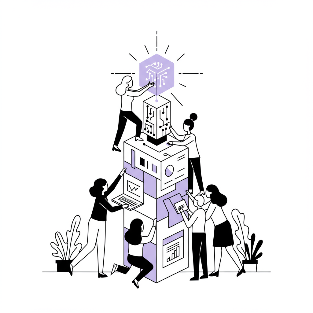 Modern line art: Diverse female entrepreneurs collaboratively building a digital business tower, pastel purple AI highlight at top | Femmeprenista