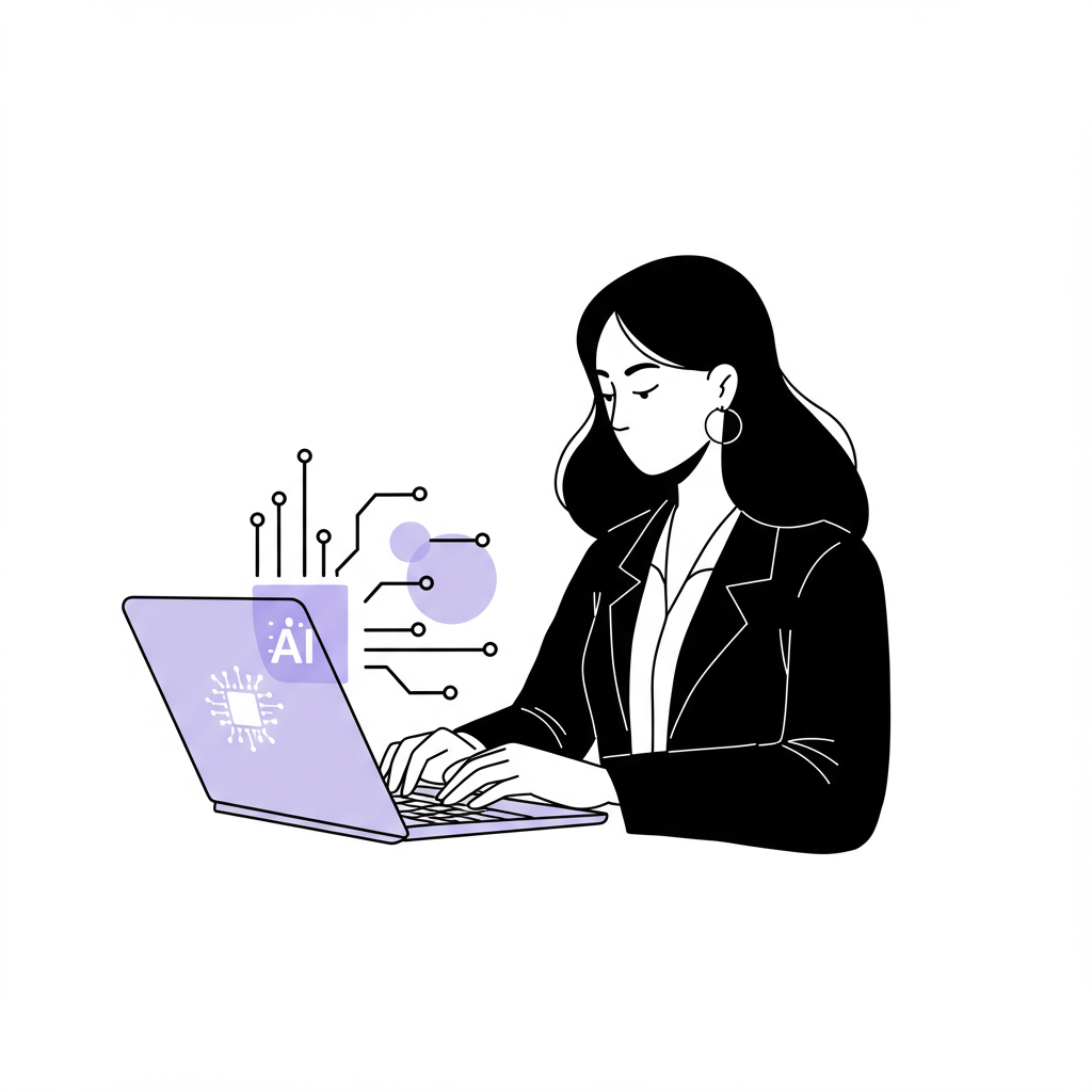 Chic line art: Female entrepreneur uses AI, streamlined workflow emphasized with radiating lines; pastel purple AI icon highlight | Femmeprenista