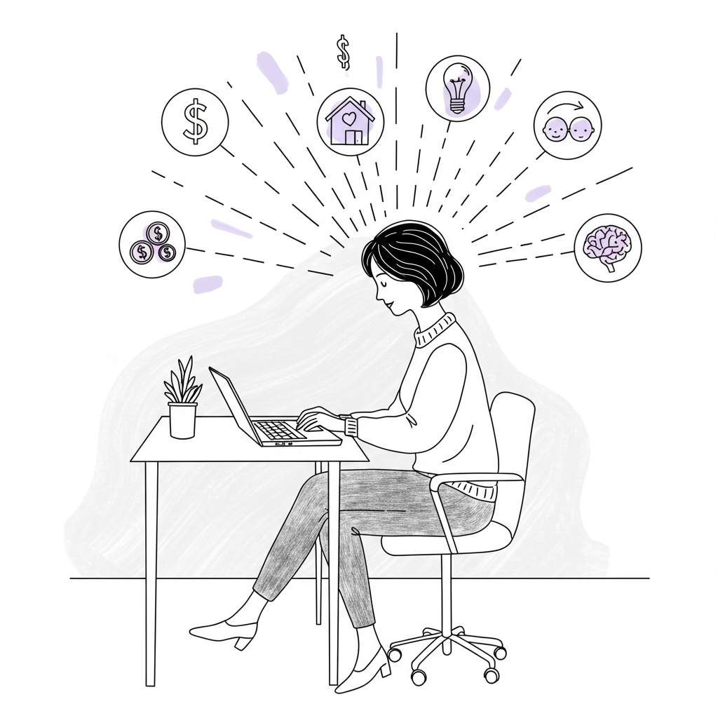 Line art of a Millennial mumpreneur working at her desk; sunbeam rays with dollar sign (pastel purple), house, bottle & brain icons | Femmeprenista