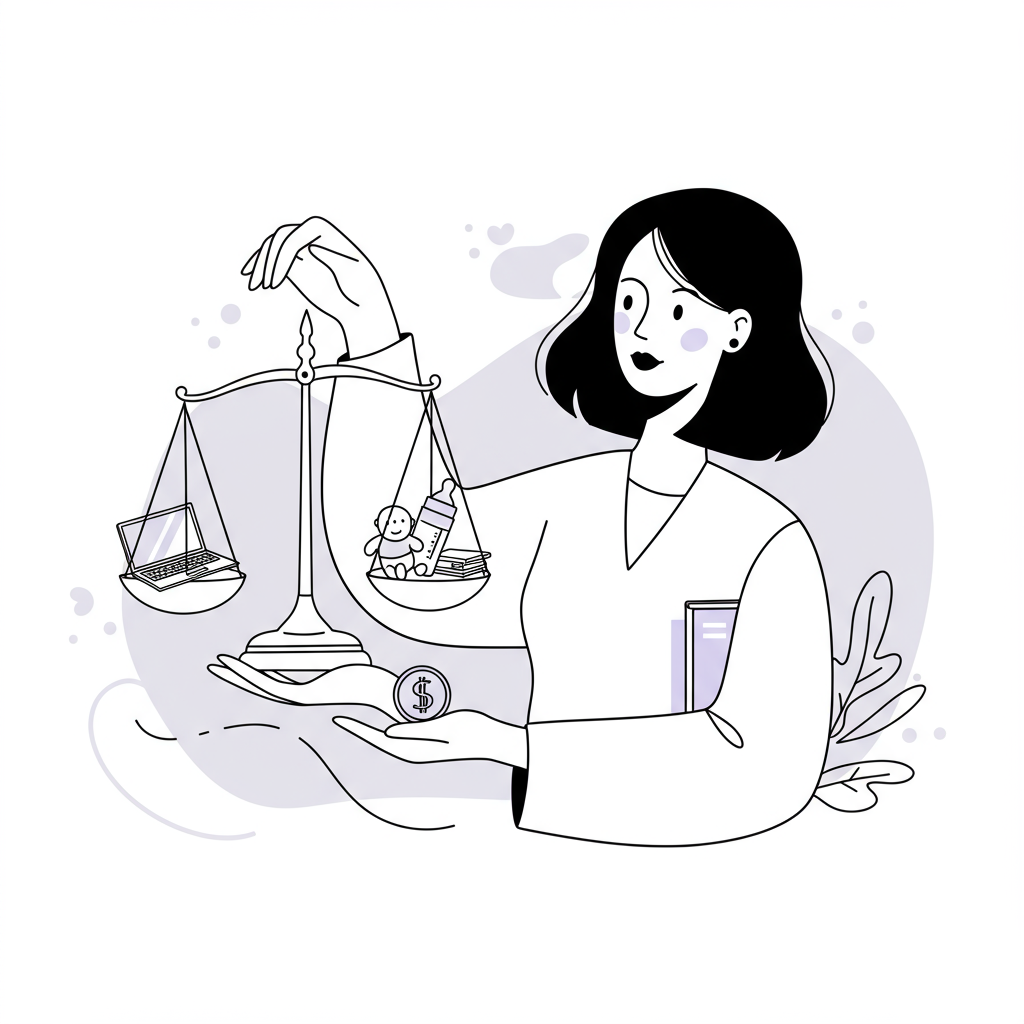 Line art: Millennial mum balancing business (laptop) and family (bottle, book); pastel purple on bottle | Femmeprenista